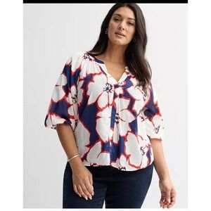 Sonoma Goods For Life XXL Navy Red Floral Puff Sleeve Split Neck Blouse Nautical